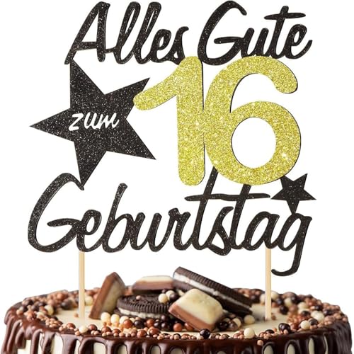 Alles Gute Zum 16 Geburtstag Cake Topper, Black Gold Glitter German Happy Birthday 16th Cake Decoration, Cheers to 16 Years Cake Charm Party Decoration Supplies (16)