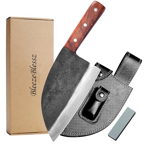 BleezeBlessz Coltello da chef Coltello da taglio Coltello da cucina serbo forgiato a mano in acciaio al carbonio con fodero in pelle per cucinare all'aperto in campeggio