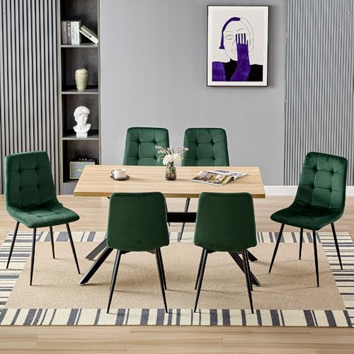 LEWE Esstisch mit 6 Stühlen, Rechteckiger Küchentisch aus Hellem Holz in 140X80X76cm mit 6 Dunkelgrün Holländischer Samt Esszimmerstühle, Schwarze Metallbeine, Für Küche, Esszimmer, Wohnzimmer