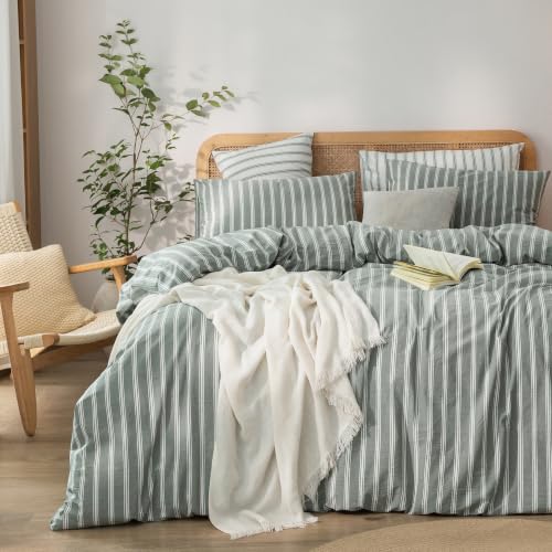 Image of BESTOUCH Striped Cotton Duvet Cover Set Linen Feel Alaska King | 100% Washed Cotton, Soft Wrinkle Texture, Hidden Zipper, 8 Ties, Breathable Lightweight Durable Comfy, 3 Pcs No Insert