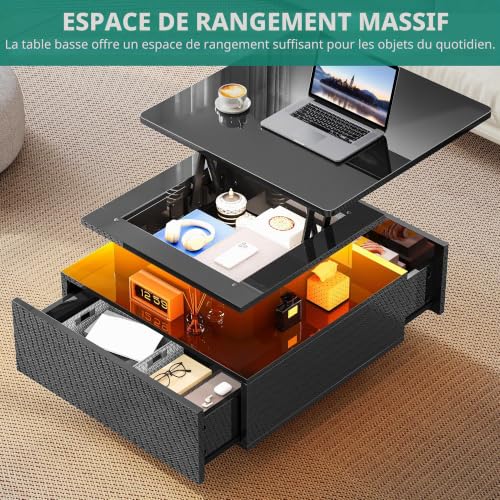 Table basse relevable LED à surface haut brillant et double tiroir de rangement YITAHOME
