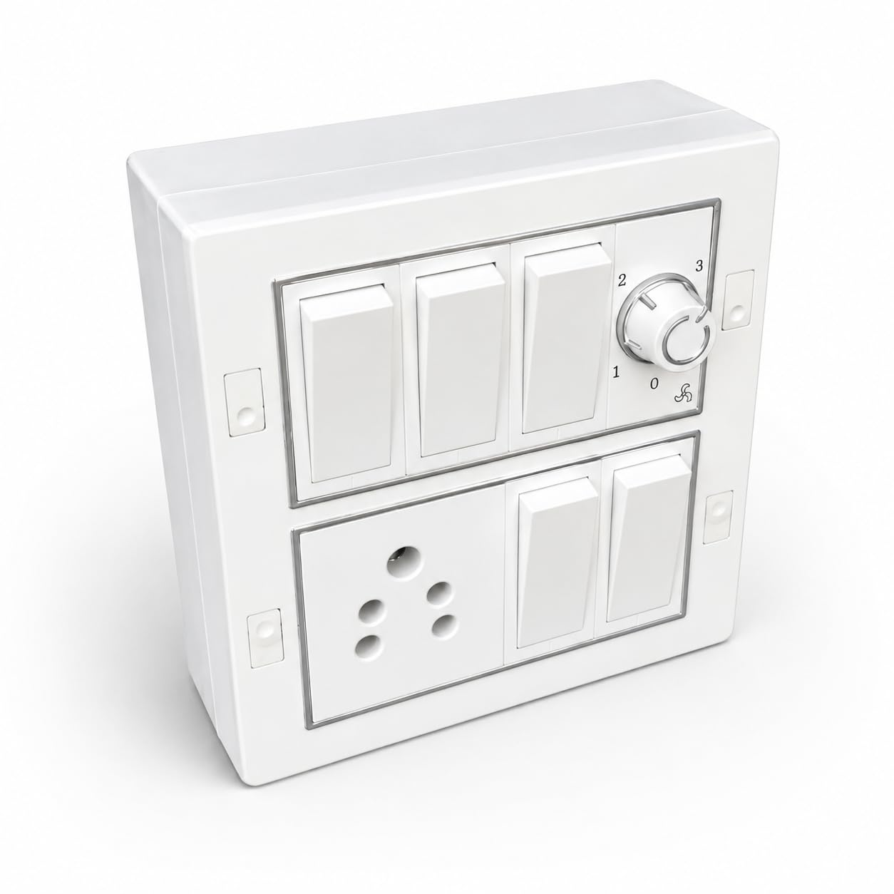 modular electrical switch board with fan regulator and socket | 6 switches included, fan speed control, 5-pin power socket, white finish, wall mount