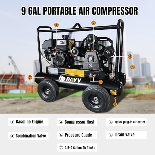 HPDAVV Gas Driven Piston Air Compressor 6.5HP - One Stage - 6.5HP Gasoline Engine - 9Gal Tank - 18cfm Max 115psi - Cart Style Portable Compressed System W-0.5/8P - Thumbnail 3