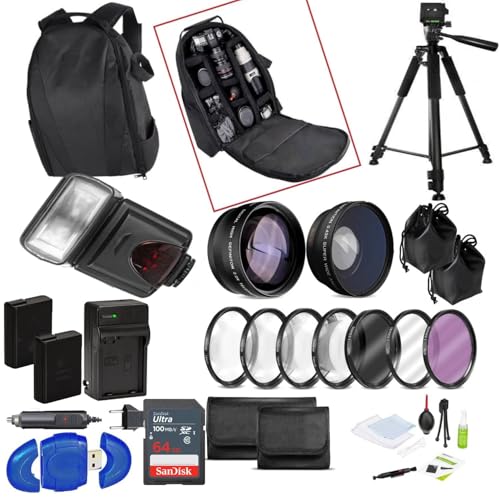 52MM All You Need Accessory KIT for Nikon D3100 D3200 D5000 D5100 with Backpack Tripod Flash,52mm TELEPHOTO Lens,52mm Wide Angle Lens Filter KIT Remote Control Close UP Lenses 2 EN-EL14 Batteries