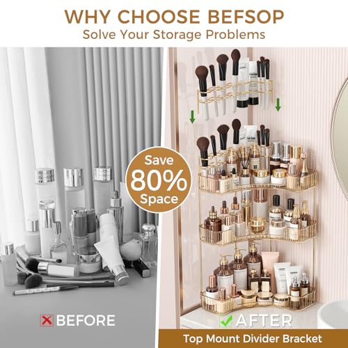 Image of BEFSOP Corner Bathroom Counter Organizer, Upgraded 3-Tier Makeup Organizer Countertop with Makeup Brush Holder, Skincare Exquisite Vanity Organizers Countertop Bathroom Storage Dresser(GOLD)