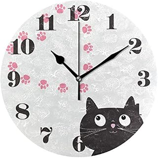 senya Wall Clock Silent Non Ticking, Round Cat and Paw Print Art Clock