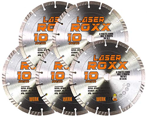 Werkmax, Lot de 5 disques à tronçonner diamantés laser Roxx, 230 mm, pour béton, pavé, brique, granit, pierre naturelle
