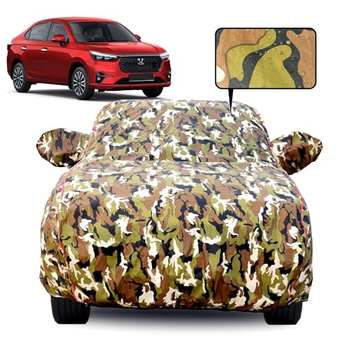 Image of Waterproof Car Body Cover for Honda Amaze (2018-2026) with Mirror Pocket, Soft Cotton Lining, Triple Stitched, Full Bottom Elastic (Heat Resistant Jungle Print with Red Piping)