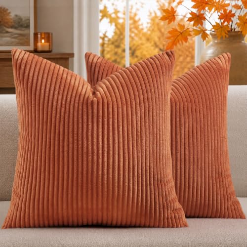 Image of Mecatny Corduroy Fall Decorative Throw Pillow Covers 22x22 Set of 2 Rust