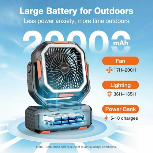 OGERY Camping Fan, Portable Fan Rechargeable with 20000mAh Battery, Stepless Speed Control, Fast Charging, Remote & LED Lantern for Tent, Travel, Car Camping, Camping Essentials - Image 4