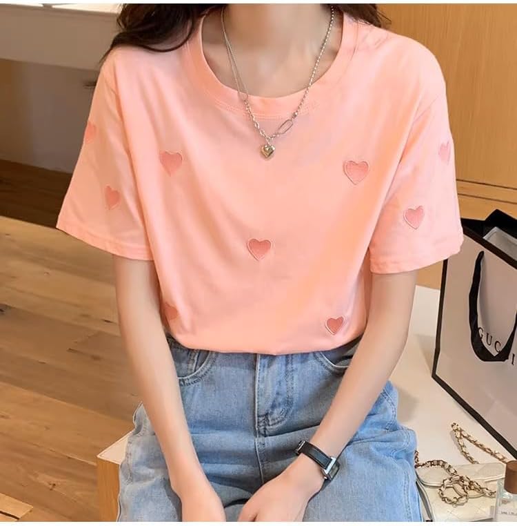 [LINSE] 2023夏の新ファッション丸首カバーシンプルTシャツパールハート半袖甘め減齢トップスレディース(ピンク,2XL)