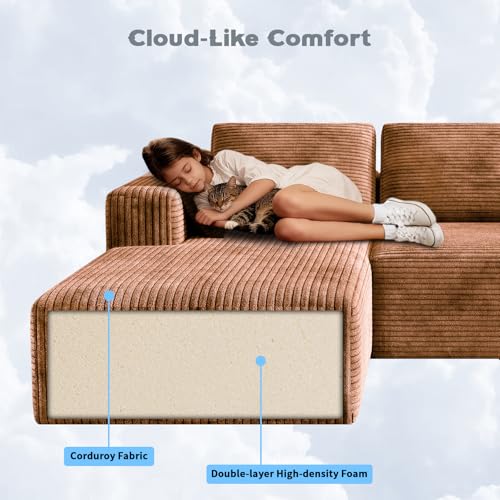 Image of 106 inch Corduroy Sectional Couch, Boneless L Shaped Couch with Deep Seat, Cloud Foam Sofa with Oversized Chaise, Sectional Sofa No Assembly Needed for Living Room