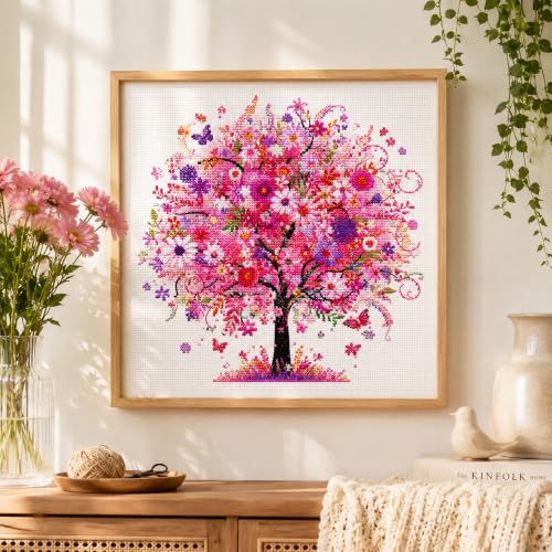 Image of Zhenqing Pink Blossom Tree Stamped Cross Stitch Kit for Beginners, 11CT Printed 11.8 x 11.8 Inch Romantic Flower Tree Pattern with Threads, 2 Needles and English Instructions, DIY Wall Decor Gift