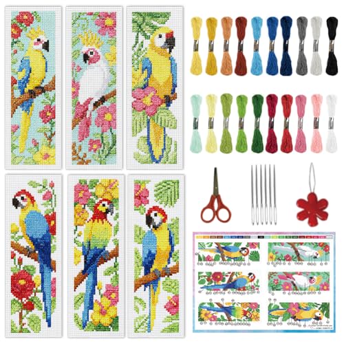 Image of INFUNLY 6PCS Parrot Cross Stitch Bookmark Kits 3x8.5inch Bookmark Making Kit for Beginners Birds DIY Stamped Embroidery Bookmarks with Instruction for Book Lovers Reader Writers