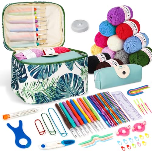 ZUSUZU Juego de ganchillo portátil para principiantes,Agujas de Ganchillo,Crochet Kit Principiantes Adultos,Ganchillos Grochet Kit con bolsa de almacenamiento y accesorios y Lana,instrucciones