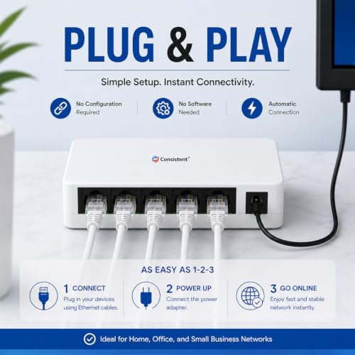 Image of Consistent 5-Port Gigabit Desktop Ethernet Switch (CT-DS-05PG) - 10 /100 /1000Mbps High-Speed Network Switch, Plug-and-Play, Sturdy Metal Casing for Home & Office Connectivity