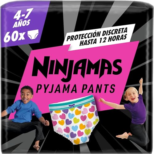 Dodot Pañal-Braguita Ninjamas, Talla 4-7 Años 17-30 Kg , 60 Pañales Tipo Braguita, Pañal Noche Con Corazones, Protección Contra Fugas Toda La Noche