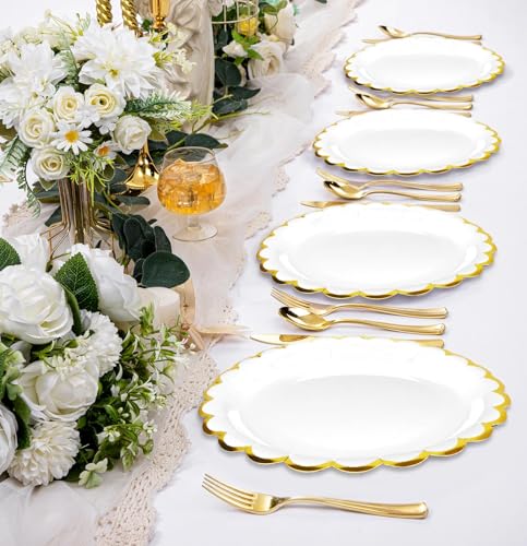 Image of HEIPINIUYE 50 Pieces White Paper Plates with Gold Foil 7 Inch Disposable White Scalloped Dinner Plates for Wedding Baby Shower Birthday Party Dessert Plate