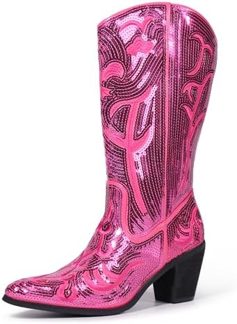 Hawkwell Women's Sequin Mid Calf Western Cowboy Boots Wide Calf High Fashion Zipper Pointed Toe Embroidered Tall Cowgirl Boots