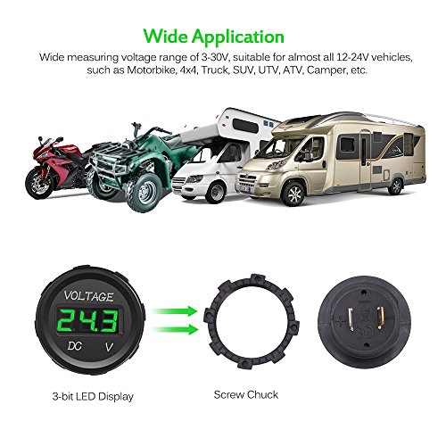 MICTUNING DC 12V LED Digital Display Voltmeter Waterproof Compatible with Boat Marine Vehicle Motorcycle Truck ATV UTV Car Camper Caravan Green Digital Round Panel