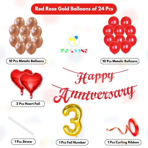Image of Flyloons 3rd Happy Anniversary Decoration Items Red Rose Gold for Men Women Husband Wife Mom Dad Parent Couple Home Bedroom Car With 20 Pcs Metallic Balloons Anniversary Banner 2 Pcs Heart Set Kit