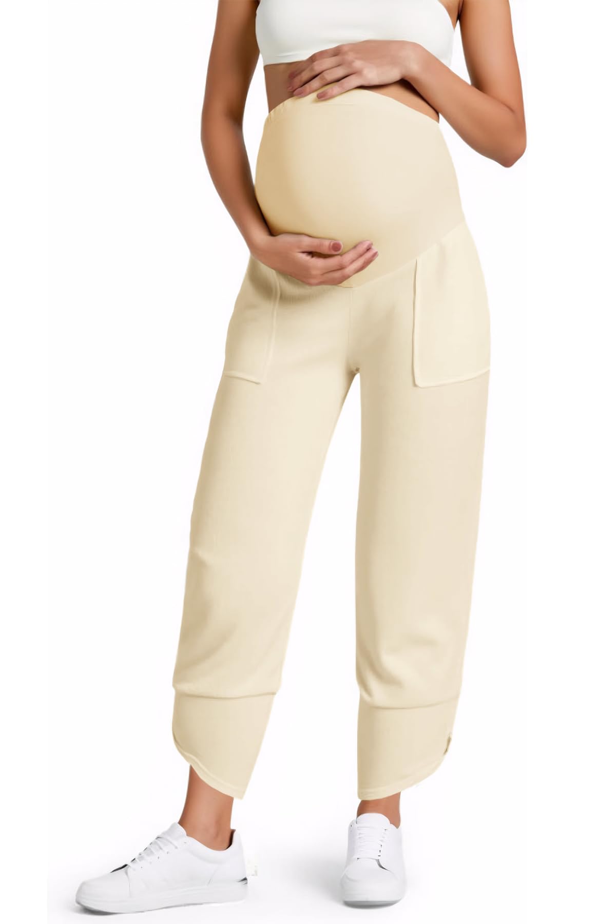 Yousify Womens Wide Leg Maternity Pants Casual Stretchy Ribbed Palazzo Pregnancy Trousers with Pockets