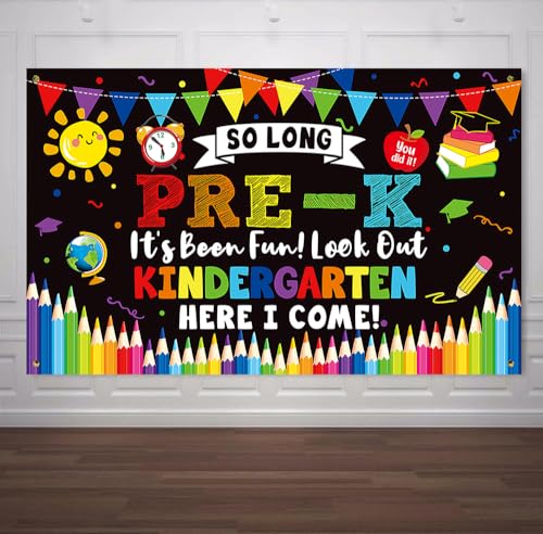 Image of PRE-K Graduation Decorations 2026,Preschool Graduation Banner Decorations,So Long Pre-k It's Been Fun Look Out Kindergarten Here I Come Photo Backdrop for Kids Home School Classroom Party Supplies PKB
