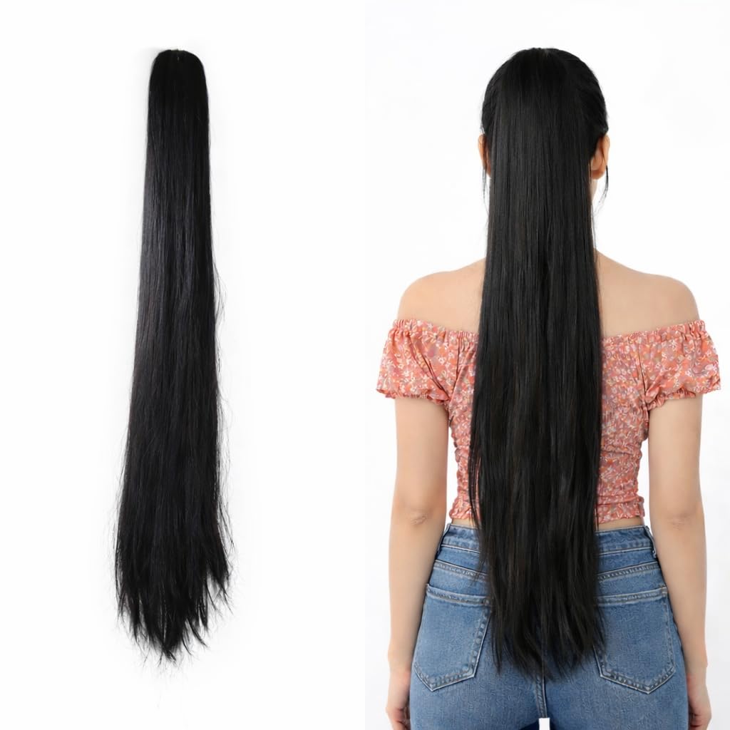 26 Inch Braid Hair Extension, Long Thick Synthetic Fiber Ponytail, Natural Black Color with Loop Fit Attachment-image-4