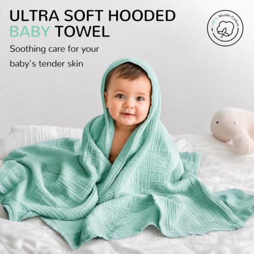 Image of 3-Pack Muslin Hooded Baby Towels, Light Green + Pink + Yellow, 35 inch X 35 inch | 100% Cotton, Ultra-Soft & Highly Absorbent ,Quick-Dry for Delicate Skin, For Babies, Toddler and Newborn
