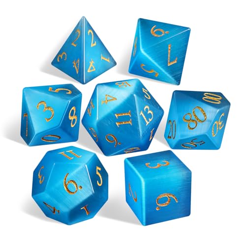 Natural Aquamarine Gemstone Dice Set, 7-Piece Handcrafted Polyhedral Dice with Gold Engraving, Ideal for D&D, RPG, MTG & Tabletop Games, Gift Box Included (Blue-Cat's Eye)
