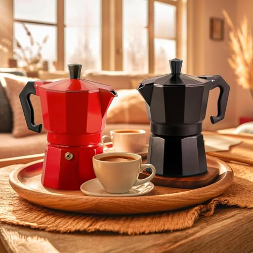 Image of Alluminium Espresso Coffee Maker Moka Pot Cup for Italian Espresso Decoction Coffee Mocha South Indian Filter Coffee Home Outdoor Machine (Red, 3)