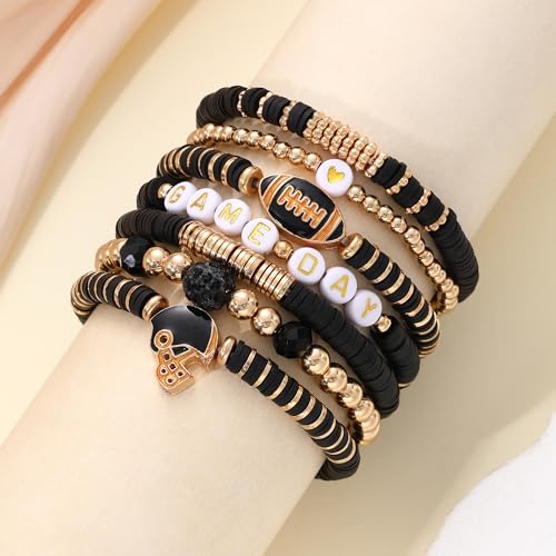 Sistble Game Day Bracelets for Women Stackable Black Football Bracelets Gifts Stretch Beaded Bracelets Sport Football Mom Gameday Outfits Accessories — view 5