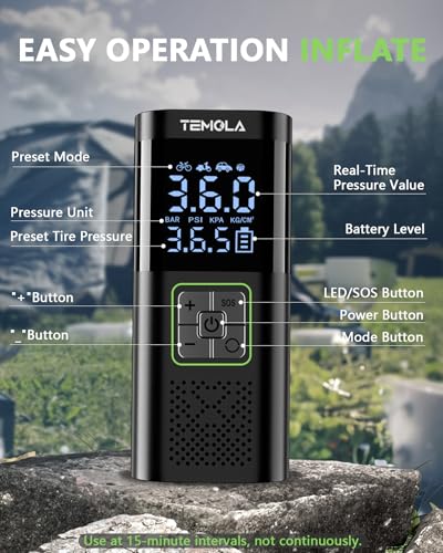 TEMOLA Elektrische Luftpumpe Akku, 150PSI Tragbare Kompressor Auto, DC12V Luftpumpe Elektrisch mit Autostop und Notbeleuchtung, Akku Kompressor mit fünf Typen ventile für Auto, Motorrad, Fahrrad,Bälle