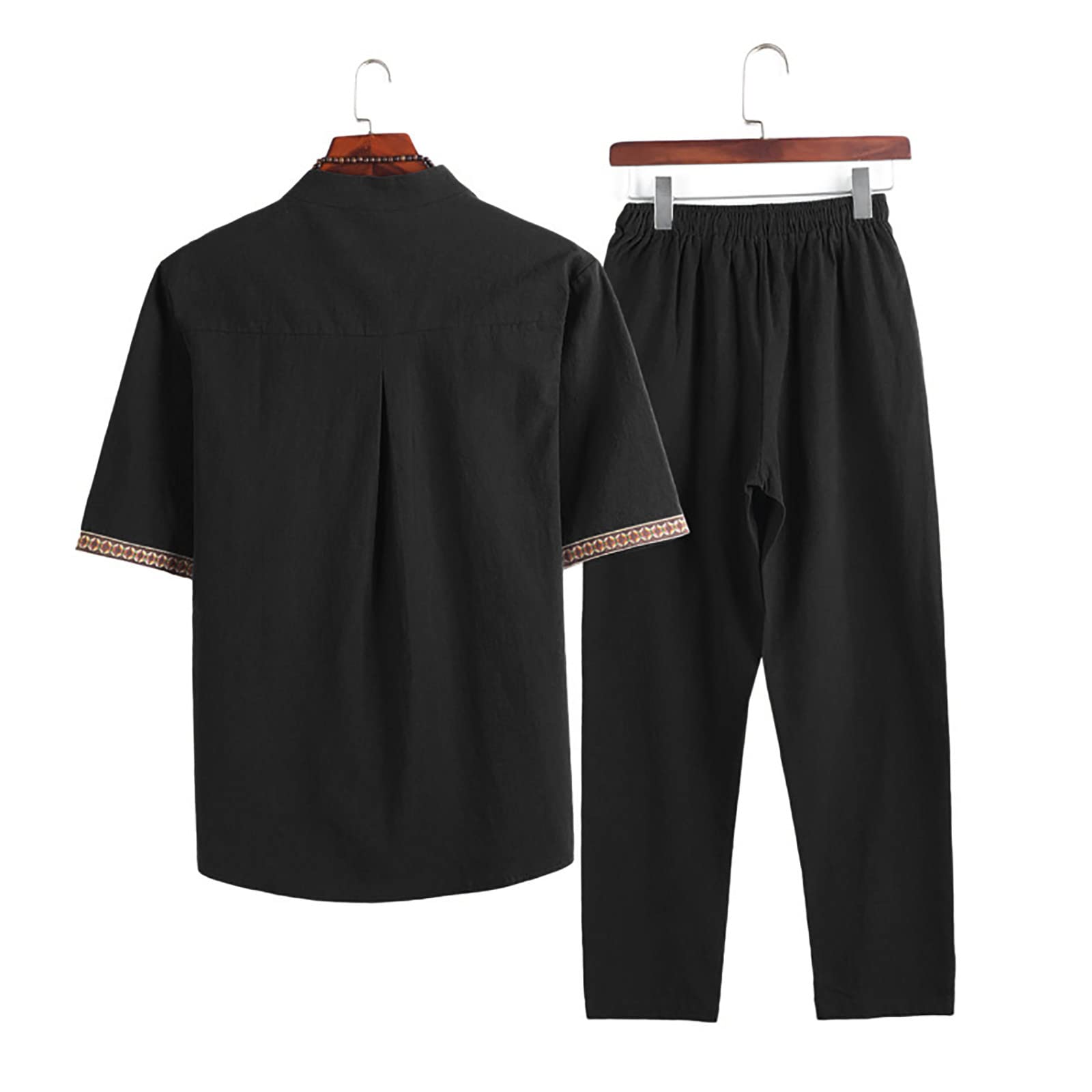 Generisch Tuta da uomo estiva per il tempo libero, tuta da jogging da uomo, set con camicia cinese, traspirante, leggera, da spiaggia, tinta unita, estiva, due pezzi, streetwear, tuta da uomo