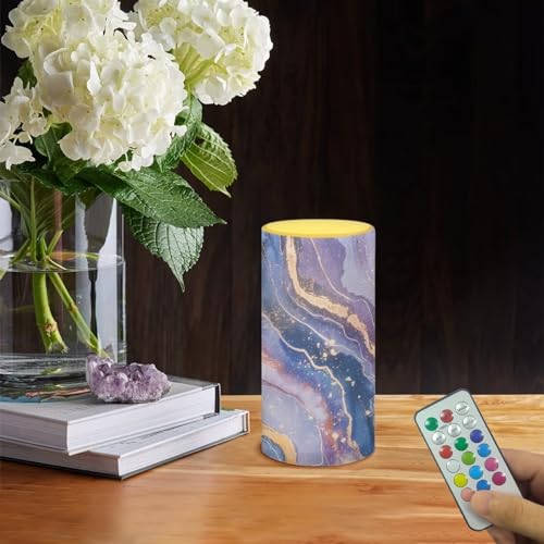 Image of Flameless Candle with 18 Key Remote 4 /8 Hours Timing Color Changing, Flickering Wick Realistic Votive Electric Candle for Patio Desktop Home Ornaments, Purple Blue Gold Marble