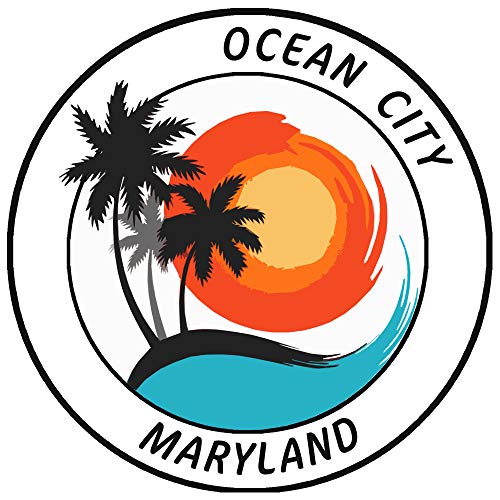 Ocean City, Maryland Tropical Scene Decorative Car Truck Window Sticker Decal Vinyl Die-Cut Badge Emblem Vacation Souvenir Travel Gear Ocean Island Beach