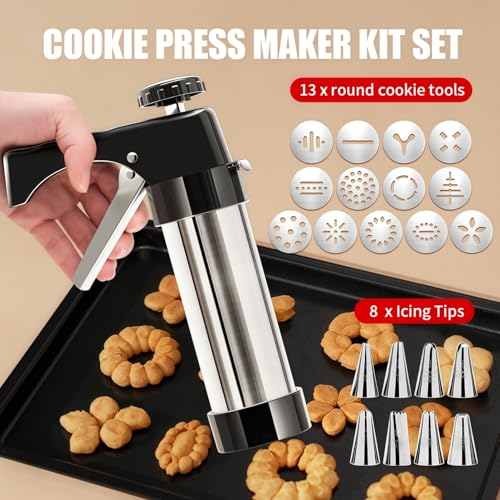 Stainless Steel Cookie Press Gun with 13 Discs & 8 Icing Nozzles, Baking Tools Set, for Effortless Cookie Making and Frosting Decoration - Thumbnail 3