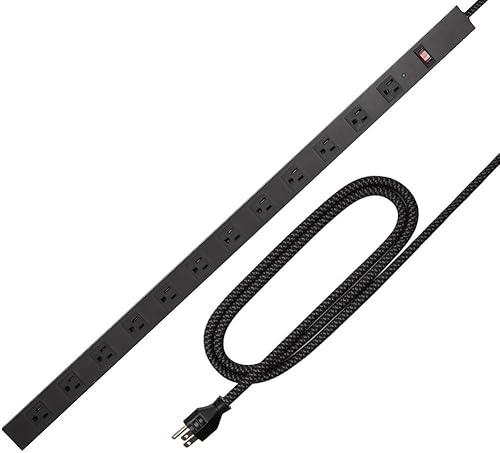 Miniatura 20 de Tira de alimentación larga de 12 tomas con interruptor de circuito de 15 A, tira de alimentación de pared negra de servicio pesado con cable de