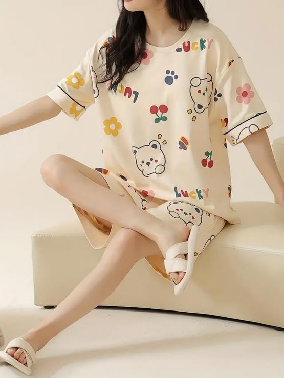 Image of Lunza Women's Cotton Blend Pajama Set, Short Sleeve T-Shirt and Shorts, Cute Bear Print Nightwear