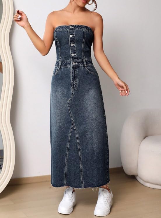 utcoco Denim Dress for Women Sexy Strapless Denim Tube Tops Back Smocked Jean Dresses for Women 2025 - Image 5