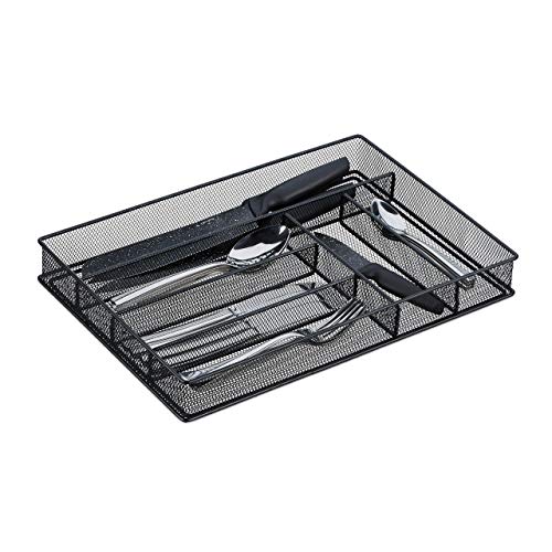 Relaxdays 10028946_46 Cubertero, 6 Compartimentos, Diseño Malla, Organizador de Cubiertos, 1 Ud, Acero, 5.5 x 28 x 40.5 cm, Negro