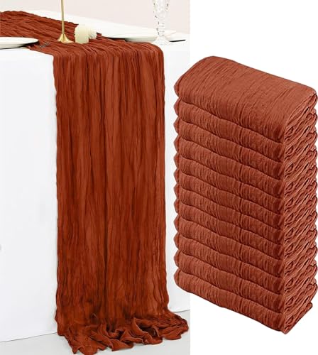 12 Pack Cheesecloth Table Runner, 35x120 Inch Terracotta Table Runners Rustic Burnt Orange Cheese Cloth Boho Gauze Semi-Sheer Runner for Wedding Baby Shower Fall Thanksgiving Home Decor