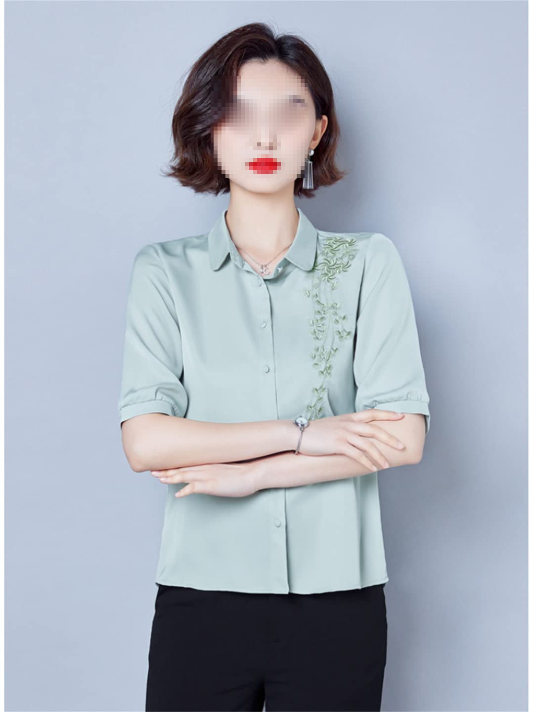 Femmes Broderie Bouton Up Chemise À Manches Courtes Chemises en Satin Floral Col en V Chemisier d'affaires pour Le Bureau De Travail