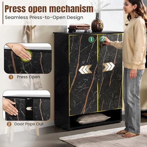 Image of ABOUT SPACE Shoe Cabinet - 7 Tier Shoe Rack with Door & Open Bottom Storage|Press Open 2 Door Engineered Wood Shoes Stand for Home | Adjustable Shelf Raised Legs 18-21 Pair | Black & Black Marble