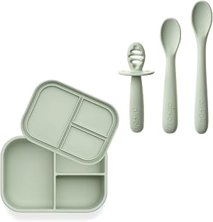 Ali+Oli Mealtime Bundle, Spoon Set 3Pc (Pine), Leak proof Bento Box (Pine), Food Grade Silicone Bib (Sage), All BPA-Free