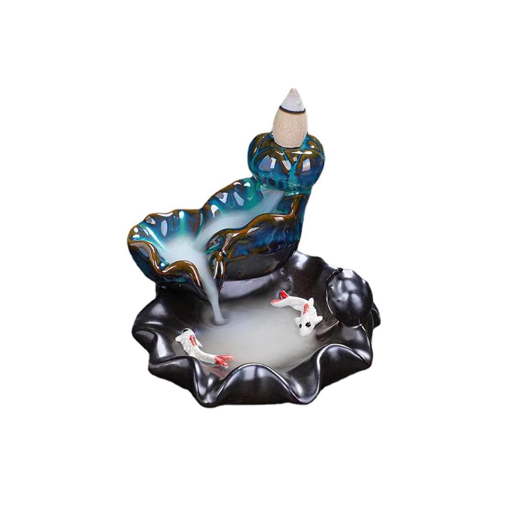 Incense ARFUKA Aromatherapy Burner Stand for Zen Decor, Ceramic Lotus and Koi Incense Holder with Waterfall Design