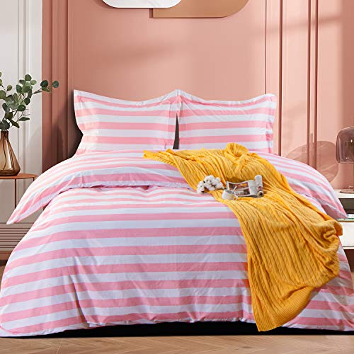 Ntbay 2 Pieces 100% Brushed Microfiber Striped Duvet Cover Set For Kids, Super Soft Pink And White Printed Reversible Design Zipper Comforter Cover With Ties And Pillow Sham (Twin/Twin Xl, Stripe) #TOP5