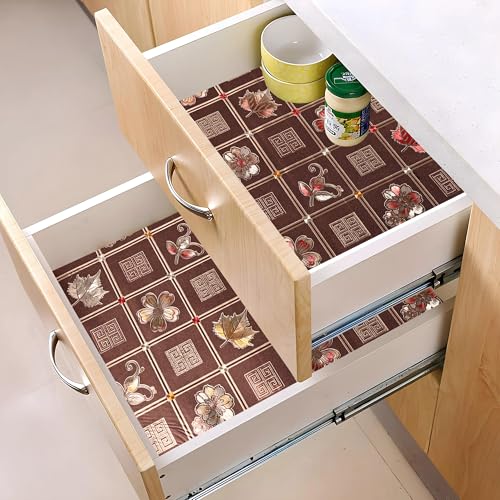 Image of Kuber Industries Pack of 3 Waterproof & Durable Kitchen Mats for Shelf Liner Roll | 5 Meters Wipeable Fridge Sheets for Shelves Cabinet Drawer | Golden Print - Dark Brown