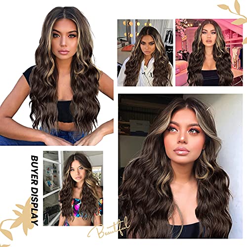 N Nayasa Long Brown Wavy Wig,Long Wavy Middle Part Wig For Women Synthetic Curly Wavy Wigs Natural Wavy Heat Resistant Wig For Daily Party Use (Brown Mixed Blonde,24Inch) #TOP2
