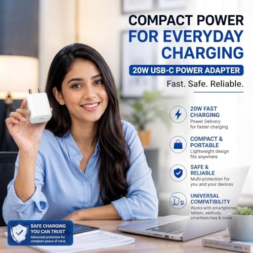 Image of USB-C 20W Power Adapter, Fast Charging, White, Compatible with Apple Devices